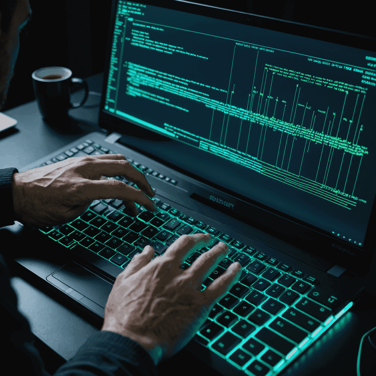 Imagen conceptual de programación con código en pantalla y manos escribiendo en un teclado, con efectos de neón en azul y verde