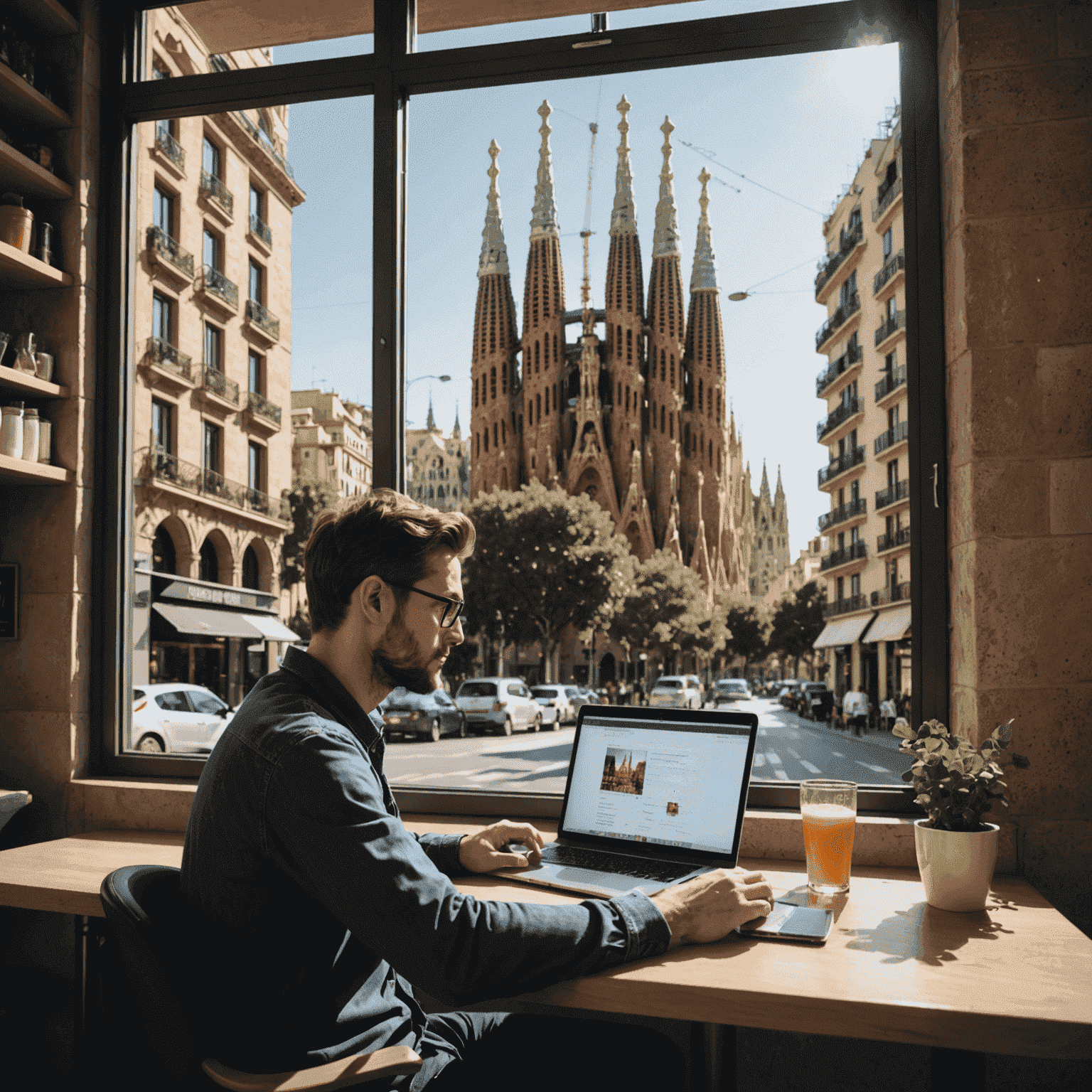 Programador trabajando remotamente desde una cafetería en Barcelona, con la Sagrada Familia visible a través de la ventana