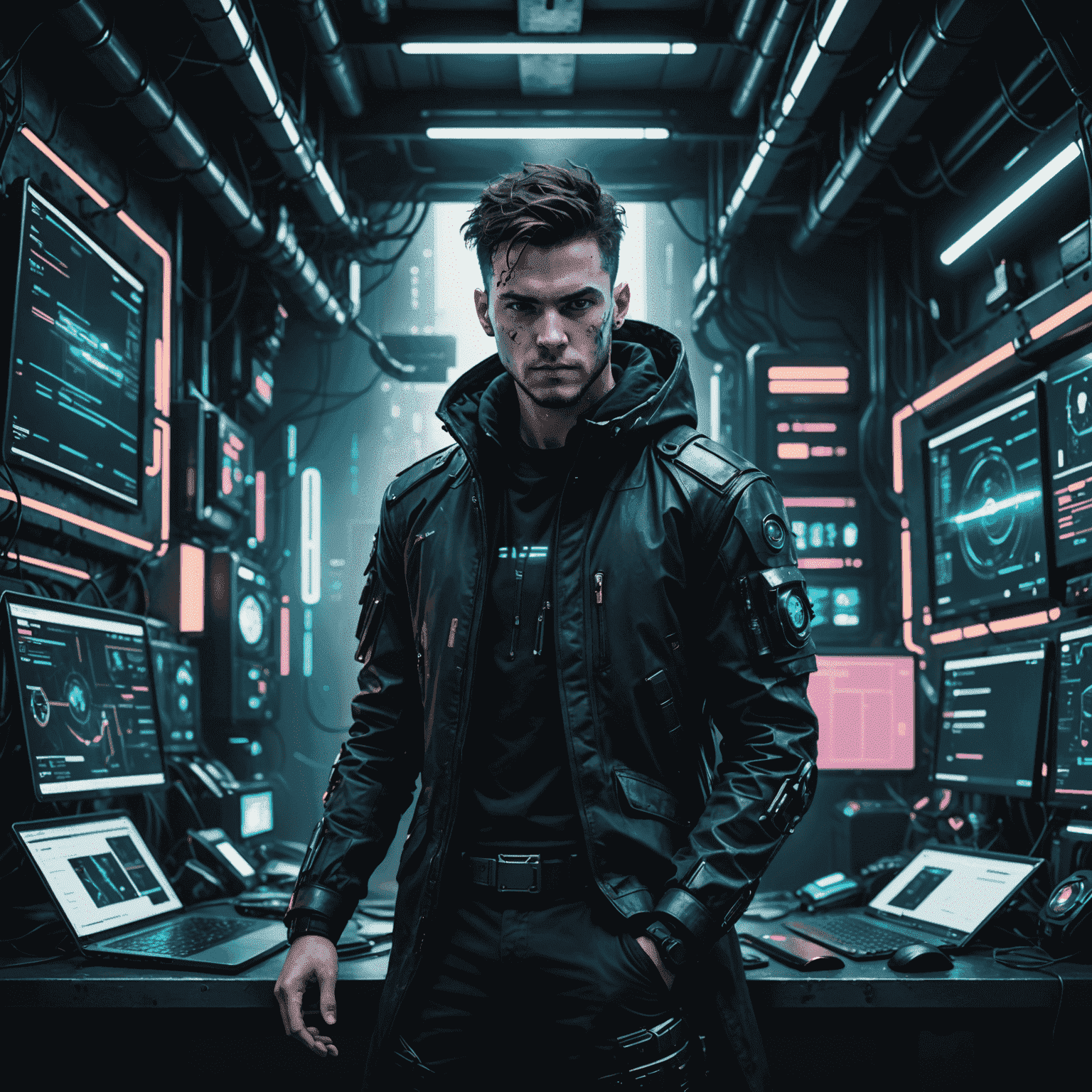 Imagen de un portafolio online con diseño moderno y minimalista, mostrando proyectos de programación y código en un estilo cyberpunk.