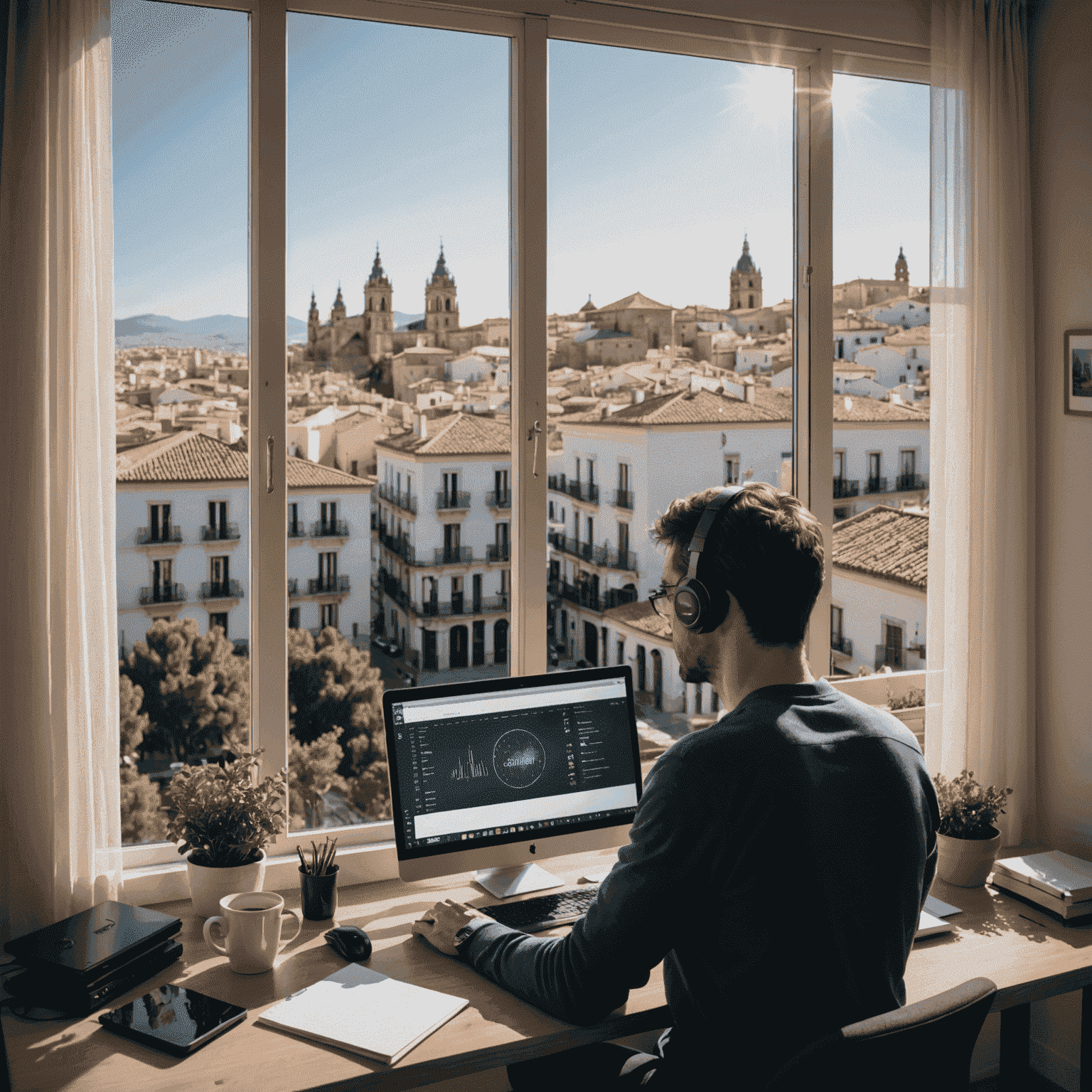 Imagen de un programador trabajando desde casa en España, con una vista de una ciudad española por la ventana y símbolos de conexión remota en la pantalla.